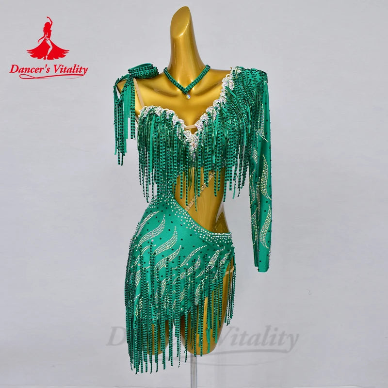 Latin Dance Costumes Senior AB Stones Tassels Sexy Backless Dress Women's Customization Tango Chacha Samba Performance Costume