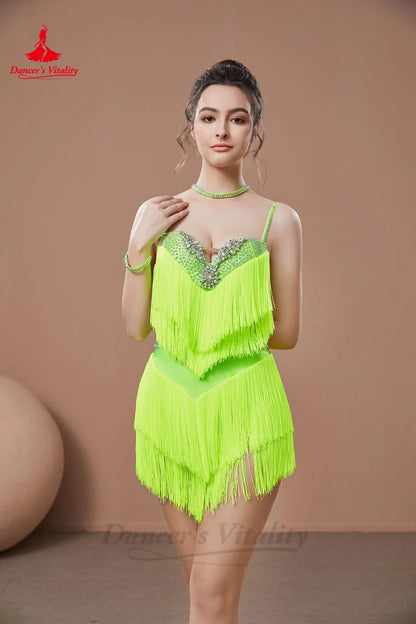 Latin Dance Fringe Dress for Women Seinor AB Stones Rumba Chacha Tango Performance Costume Skirt Adult Child Latin Wear Dresses