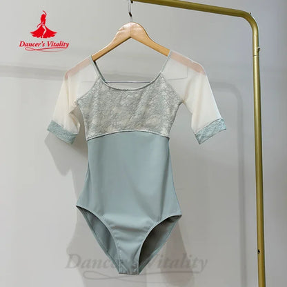 Ballet Dance Leotard for Women Adult Short Sleeve Lace Bodysuit Yoga Jumpsuit Basic Gymnastics Girls Ballet Dancing Clothing