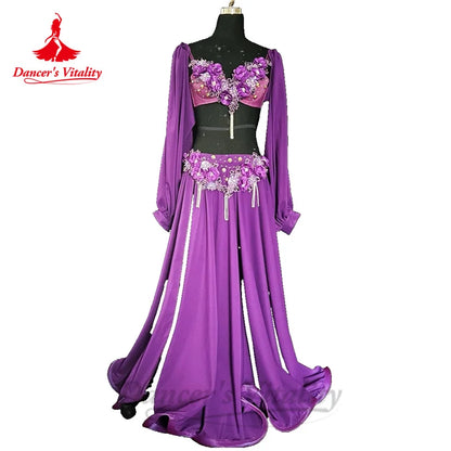 Belly Dance Performance Costume Set for Women Customsized Long Sleeves Bra+satin Long Skirt 2pcs Adult Children Bellydance Suit