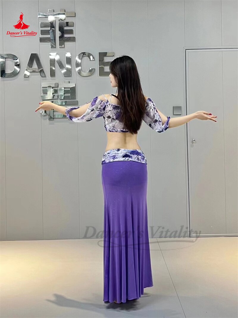 Belly Dance Practice Clothes Suit Mesh Printing Half Sleeves Top+long Skirt 2pcs for Women Belly Dancing Training Suit