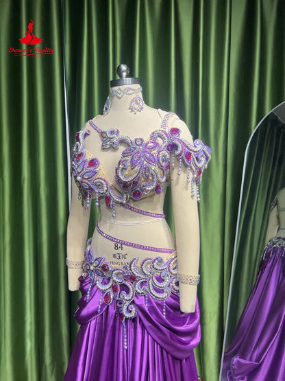 Belly Dance Costume Set for Women Senior AB Stones Bra+satin Long Skirt 2pcs Custom Oriental Belly Dancing Performance Outfit