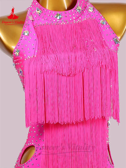 Latin Dance Fringe Dress for Women Senior Stones Tassel Skirt Rumba Chacha Tango Performance Costume Adult Child Latin Dresses