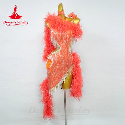 Latin Dance Performance Dresses for Women Customsized Rumba Chacha Tango Feather Competiton Clothing Children Latin Dresses