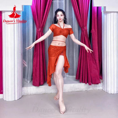 Belly Dance Costume Women's Exquisite V-neck Short Sleeved Top+irregular Short Skirt Oriental Dance Performance Costumes