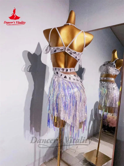 Latin Dance Performance Costume Dress for Women Customsized Senior AB Stones Sequins Competiton Clothing Child Adult Latin Skirt