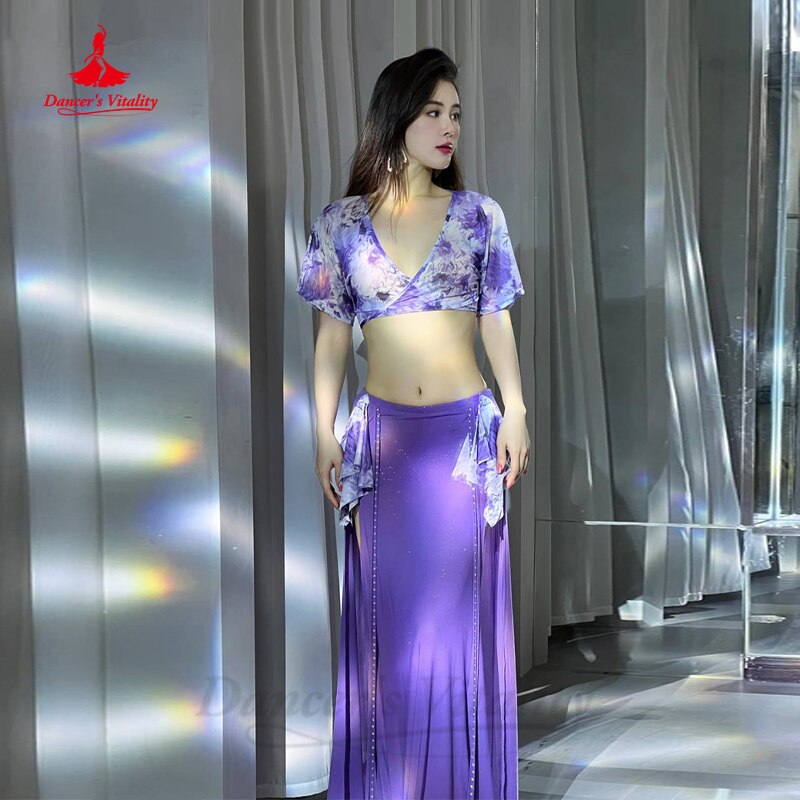 Belly Dance Costume Set Women Gauze Printing Short Sleeves Top+long Skirt 2pcs Training Suit Clothes Girl's Bellydance Outfit