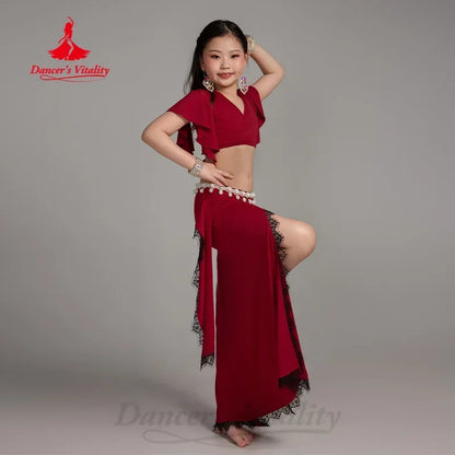 BellyDance Practice Clothes for Kid V-neck Short Sleeved Top+Lace Long Skirt 2pcs Girls Oriental Dance Training Clothing