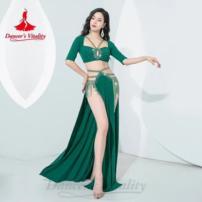 Belly Dancer Costume Set for Women Half Sleeves Top+long Skirt 2pcs Training Suit Adult Female Bellydance Tassel Performance Set