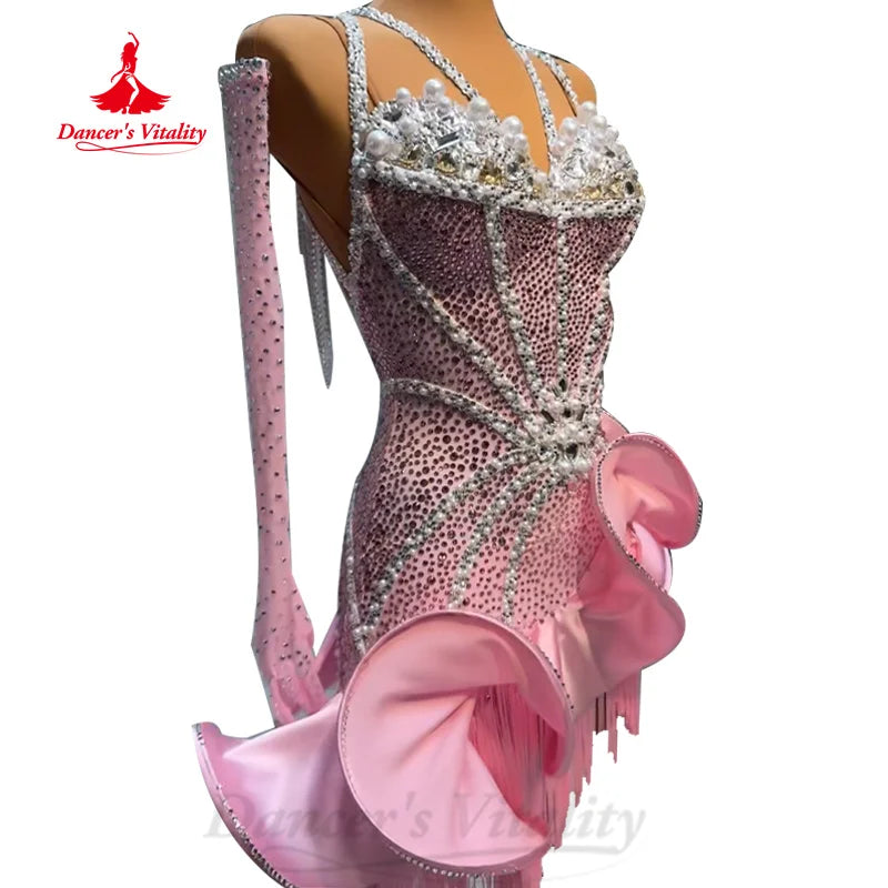 Latin Dance Performance Costume Customized Luxury Full Diamond Exquisite Pearl Fishtail Skirt Tango Chacha Competition Dresses