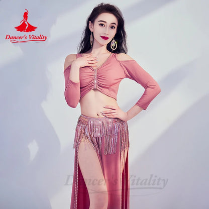 Belly Dance Costume Set for Women Long Sleeves Top+tassel Long Skirt 2pcs Stones Training Suit Oriental Belly Dancing Outfit