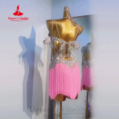 Latin Dance Competition Dresses Women's Customized Luxury Water Diamond Exquisite Pearl Tassel Dress Chacha Performance Costume