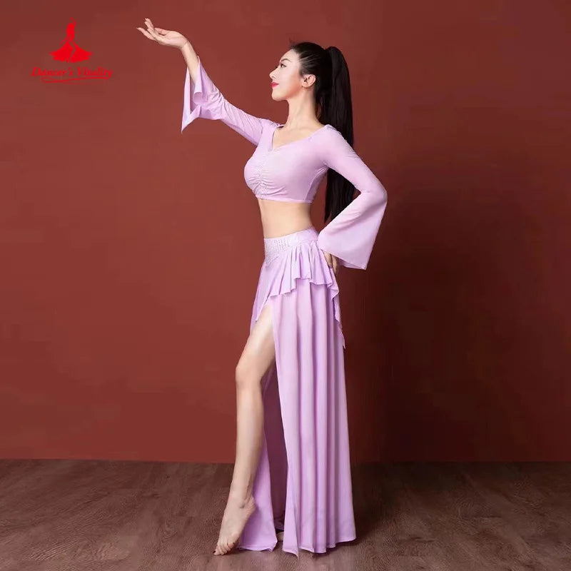 Belly Dance Practice Clothing Customized Trumpet Sleeve Top+sexy Slit Long Skirt 2pcs Women Oriental Dance Performance Costumes