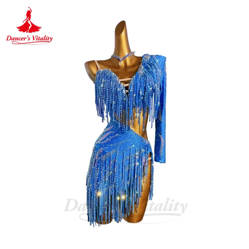 Latin Dance Dresses for Women Custom Rumba Chacha Tango Performance Professional Costume Skirt Adult Child Latin Tassel Dress