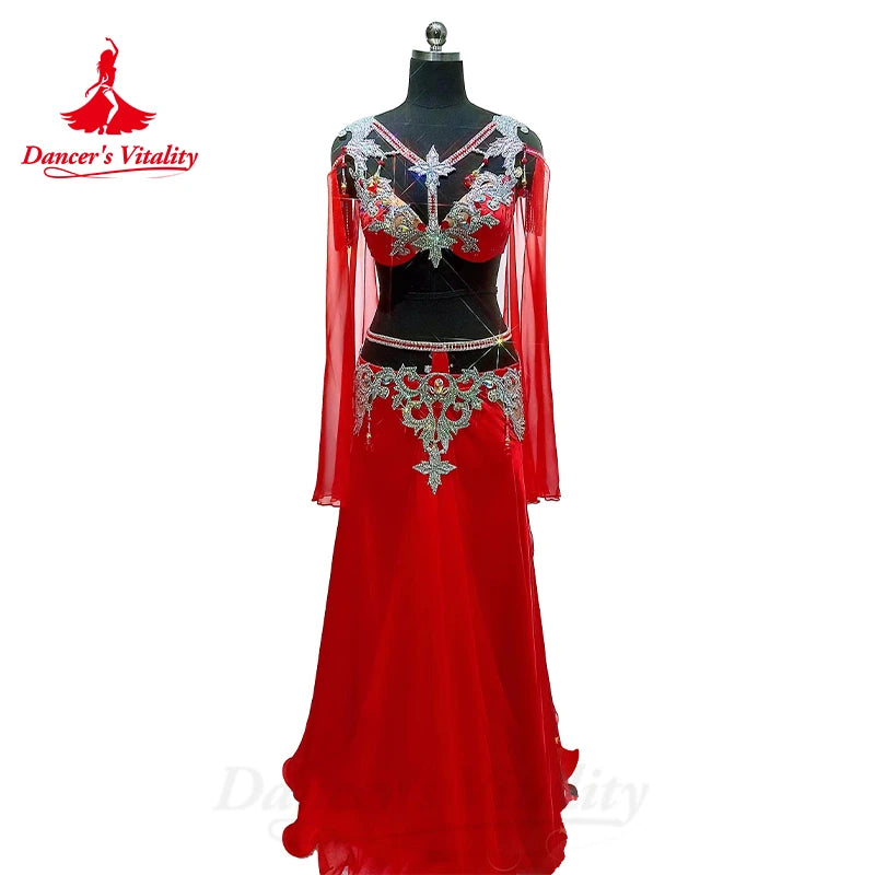 Belly Dance Performance Suit for Women Senior Stones Bra+customized Chiffon Long Skirt 2pcs Oriental Dance High End Dance Skirt