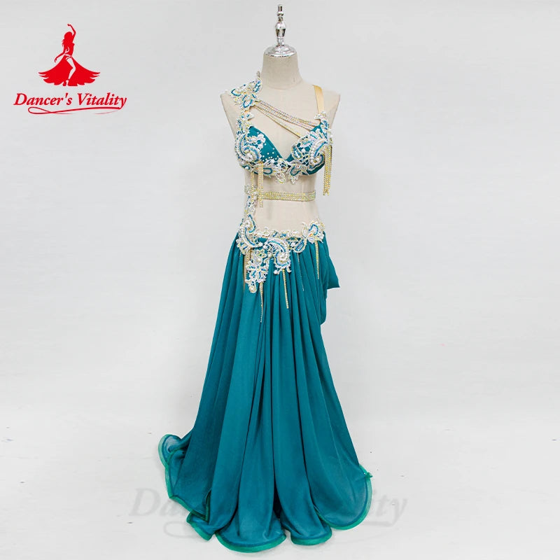 Belly Dance Competition Costume Set for Women Cusomzied  High Waist Chain Pleated Tassel Chiffon Dress Set Children Dance Outfit