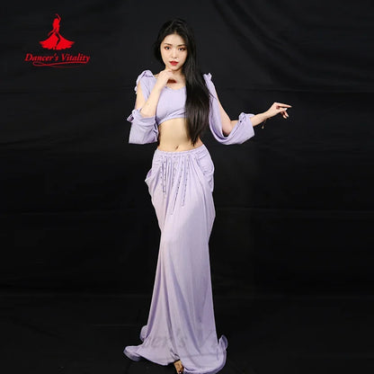 Belly Dancing Costume Set for Women Sexy Long Sleeved Top+Tassel Fishtail Skirt 2pcs Belly Dancer Professional Practice Clothes