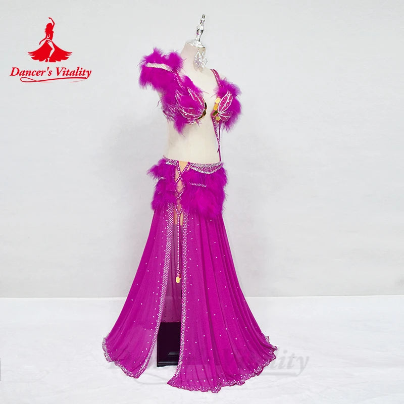 Bellydance Clothing Set Women Customized High End Luxury AB Stones Feather Suit Oriental Dance Professional Performance Costumes