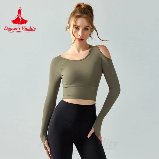 Yoga Round Necked for Women Long Sleeved Adult's Water Droplet Semi Fixed Cup Tight Fitting Street Back Sports and Fitness Top