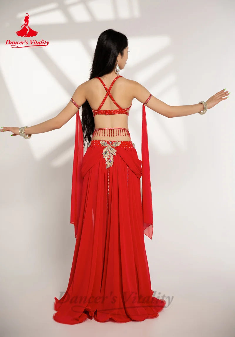 Belly Dance Performance Suit for Women Stones Bra+chiffon Long Skirt 2pcs Customsized Adult Child Oriental Belly Dancing Outfit