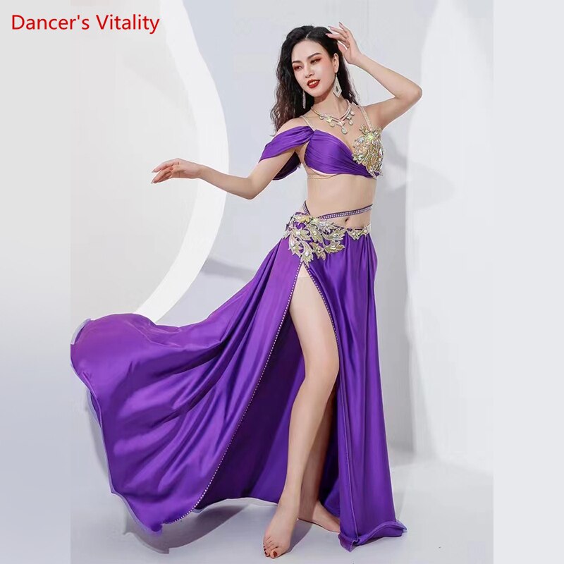 Belly Dance Performance Costume Set for Women Customized Hand Made Stones Bra+split Stain Skirt 2pcs Female Oriental Dance Wear