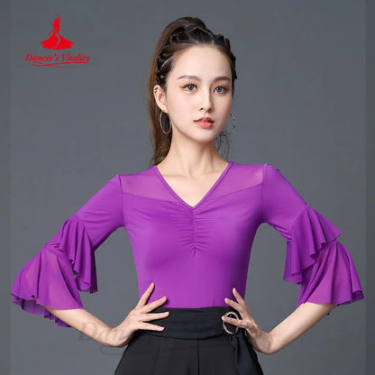 Latin Dance Tops Women's Customized Summer Comfortable and Breathable Horn Sleeves Top Tango Chacha Rumba Practice Clothes