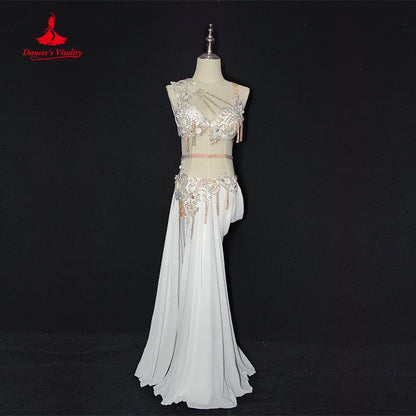 Belly Dance Competition Costume Set for Women Cusomzied  High Waist Chain Pleated Tassel Chiffon Dress Set Children Dance Outfit