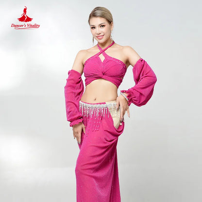 Belly Dance Performance Suit for Women Oriental Sleeveless Top+gloves+skirt 4pcs Girl's Belly Dancing Professional Clothing Set