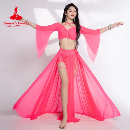 Belly Dance Costume Set for Women Half Sleeves Top+mesh AB Stones Long Skirt 2pcs Adult Oriental Belly Dancing Wear Clothing Set