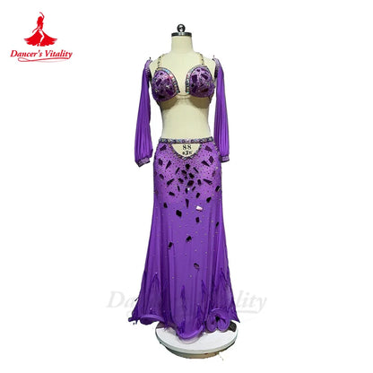 Belly Dance Performance Costume Set for Women Senior Bra+2 Sleeves+long Skirt 3pcs Custom Oriental Belly Dancing Wear Outfit