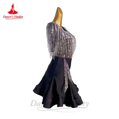 Latin Dance Performance Dress for Women Half Sleeves Spandex AB Stones Rumba Chacha Competiton Clothing Adult Child Latin Skirt