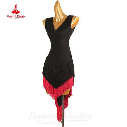 Latin Dance Practice Costumes Customized Comfortable Sleeveless Tassel Dress Tango Chacha Samba Professional Performance Costume