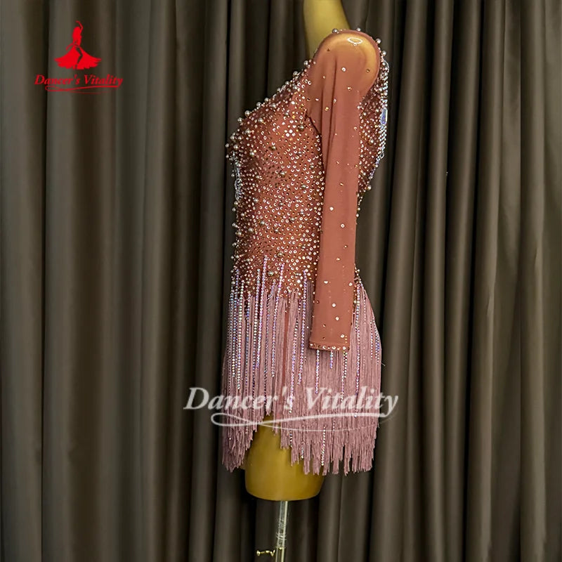Latin Dance Dresses Custom AB Stones Tassel Long Sleeved Dress for Adult and Children's Competition Clothing Dancer's Vitality