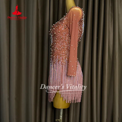 Latin Dance Dresses Custom AB Stones Tassel Long Sleeved Dress for Adult and Children's Competition Clothing Dancer's Vitality