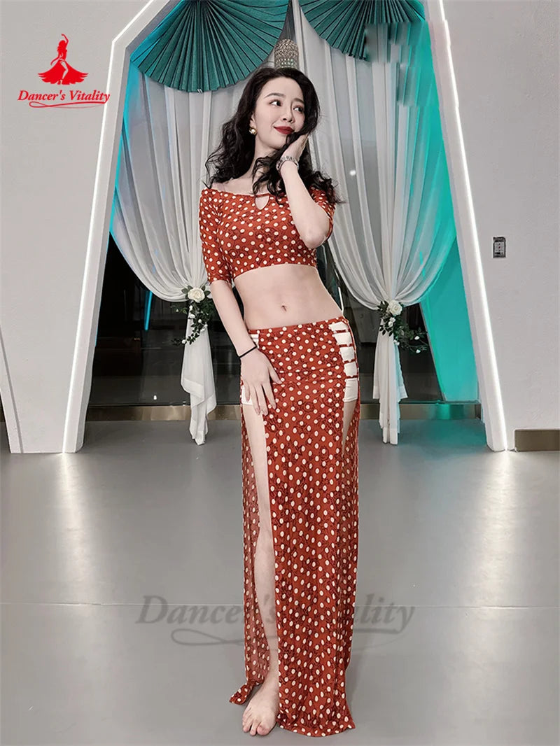 Belly Dance Suit for Women Short Sleeves Top+split Long Skirt 2pcs Polka Dot Training Suit Adult Oriental Belly Dancing Outfit