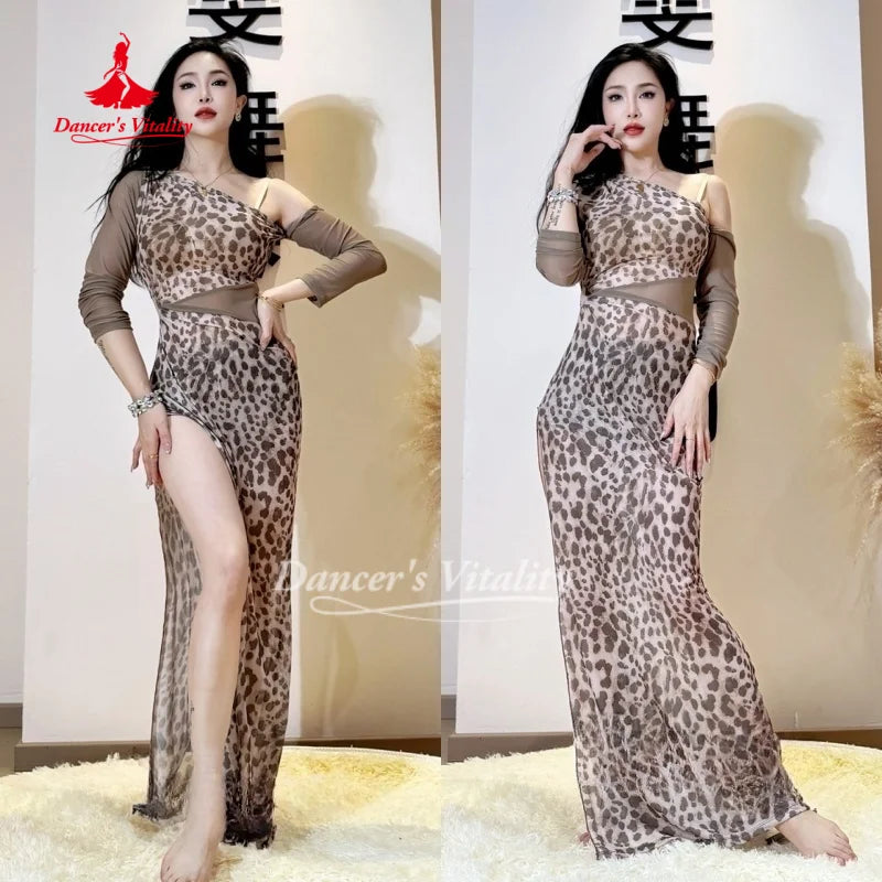 Belly Dancer Costume Women's Sexy Leopard Print Slant Shoulder Dress Adult Oriental Dancing Practice Dresses Dancer's Vitality