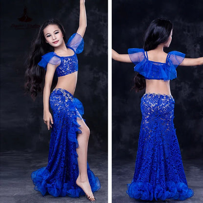 Girls Professional belly dancing clothes luxury sleeveless top+lace split sirt 2pcs child dance set kids belly dance suit SML