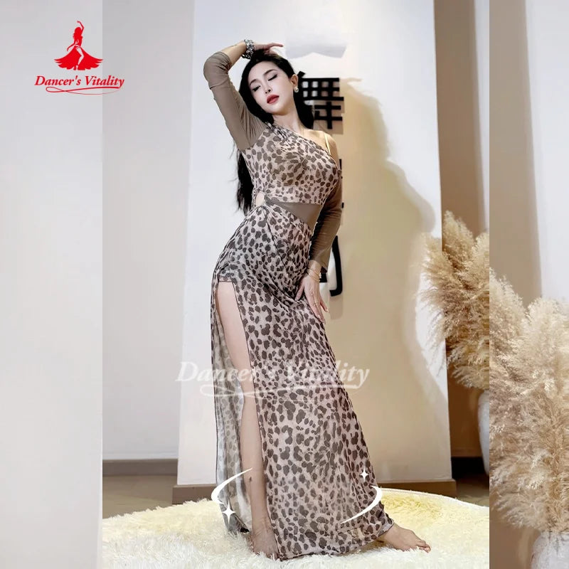 Belly Dancer Costume Women's Sexy Leopard Print Slant Shoulder Dress Adult Oriental Dancing Practice Dresses Dancer's Vitality