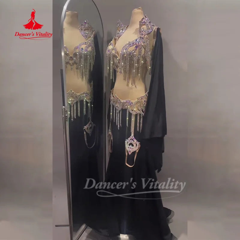 BellyDance Suit Customized Senior AB Stones Bra+Sleeve+Sexy Long Skirt Set Oriental Dance Competition Clothing Dance's Vitality