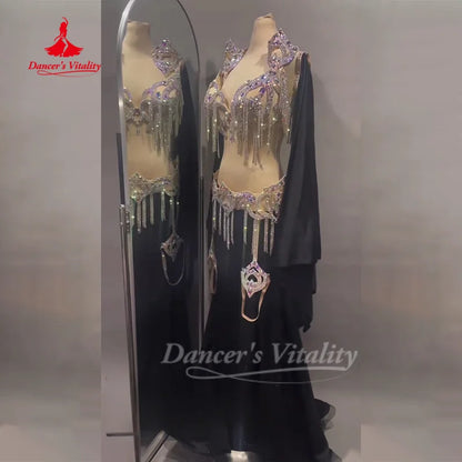 BellyDance Suit Customized Senior AB Stones Bra+Sleeve+Sexy Long Skirt Set Oriental Dance Competition Clothing Dance's Vitality