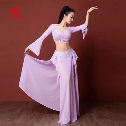 Belly Dance Practice Clothing Customized Trumpet Sleeve Top+sexy Slit Long Skirt 2pcs Women Oriental Dance Performance Costumes