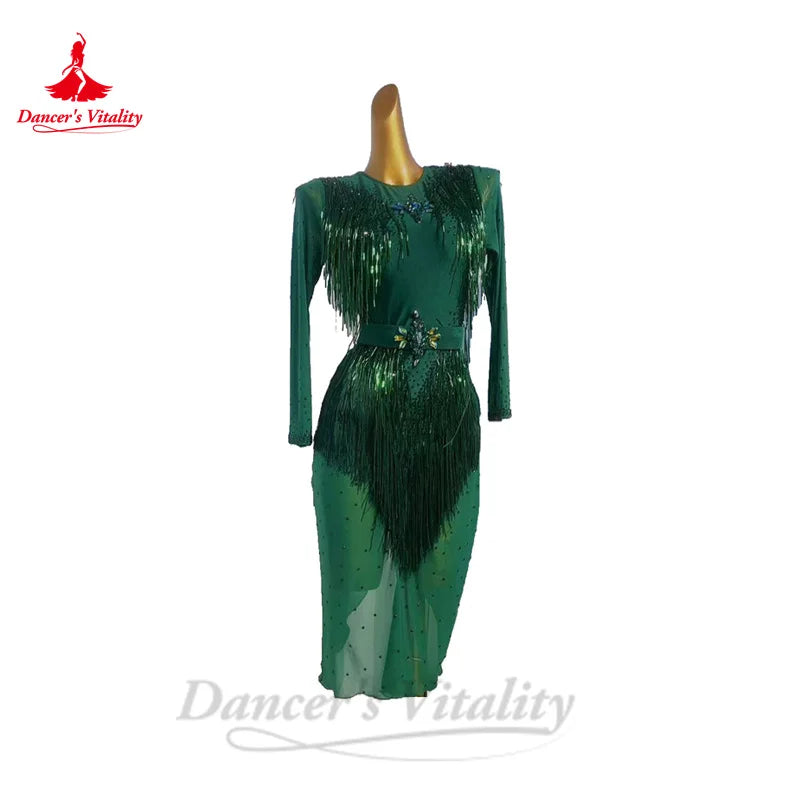 Latin Dance Dresses for Women Mesh Long Sleeves AB Stones Rumba Chacha Tango Performance Skirt Adult Child Latin Clothing