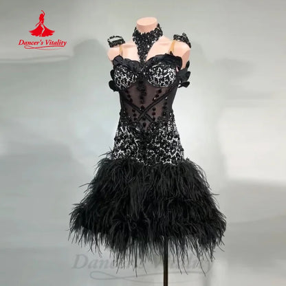 Latin Dancing Performance Clothing Customized Senior Luxury AB Stones Feather Dress Adult Children Chacha Competition Dresses