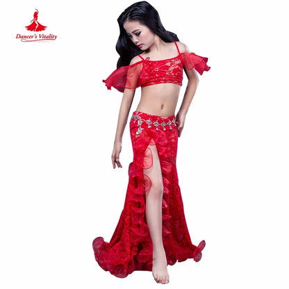 Girls Professional belly dancing clothes luxury sleeveless top+lace split sirt 2pcs child dance set kids belly dance suit SML