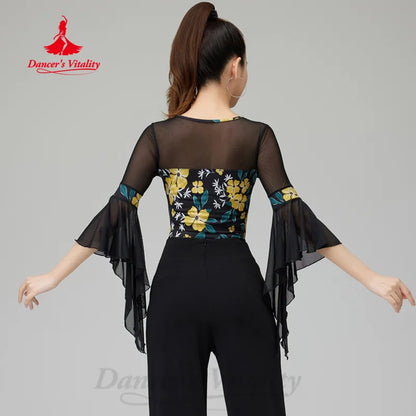 Latin Dance Costume Women's Customized High End Printed Loudsleeve Top Adult Tango Chacha Samba Professional Training Clothes