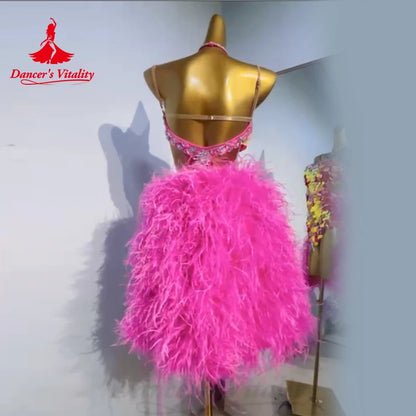 Latin Dance Performance Costumes Senior Customization AB Stones Feather Sequin Dress Tango Chacha Samba Competition Dresses