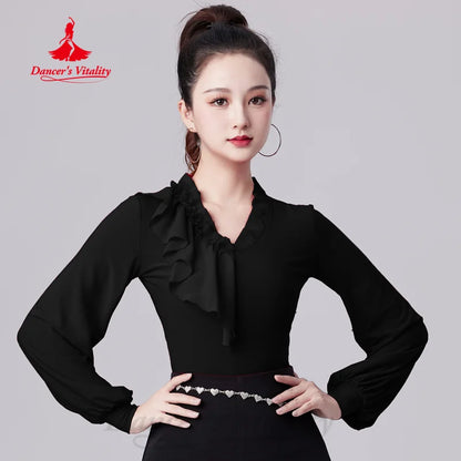 Latin Dance Tops Customized V-neck Long Sleeved Top Women Tango Chacha Samba Performance Costume Social Dance Training Clothing