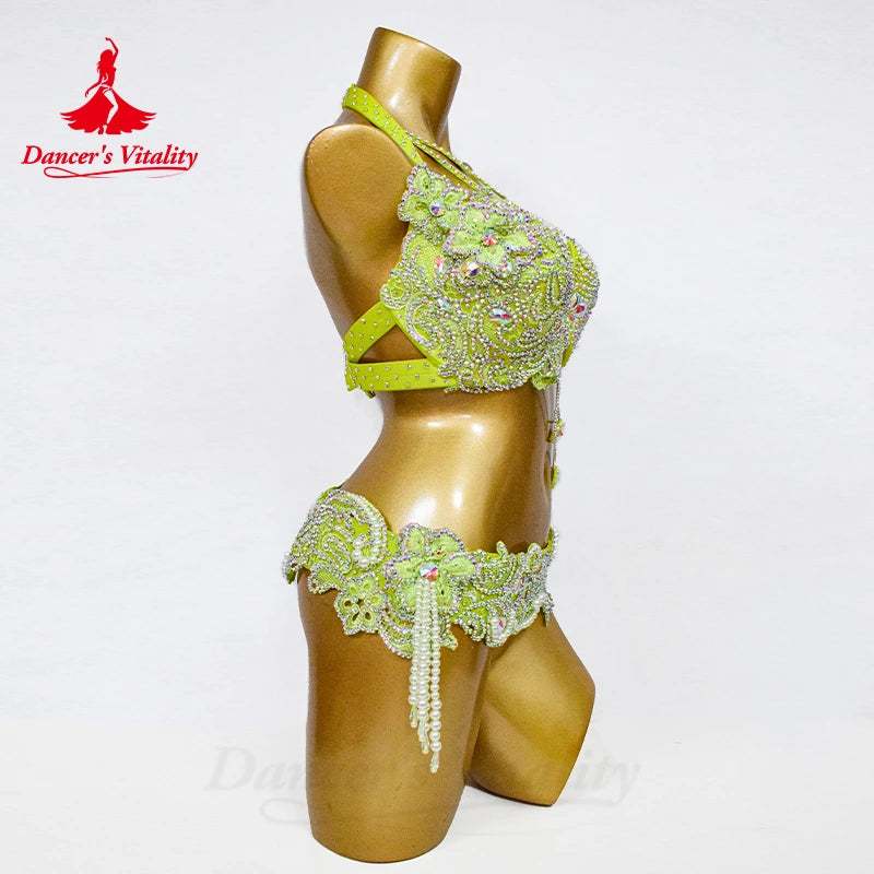 Belly Dance Performance Set for Women Senior AB Stones Bra+belt Pcs Customsized Oriental Belly Dancing Competiton Suit