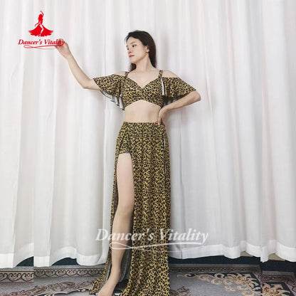 Belly Dance Practice Clothes Sexy Leopard Print V-neck Top+long Skirt 2pcs Adult Oriental Dance Clothing Dancer's Vitality