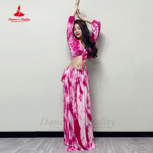 Belly Dance Costumes for Women Short Sleeves Top+tie Dye Printed Skirt 2pcs Oriental Performance Outfit Bellydance Suit